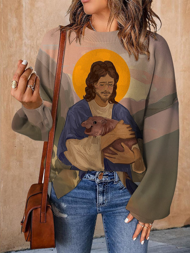 Jesus Holding Moo-Deng Print Casual Knit Pullover Sweater