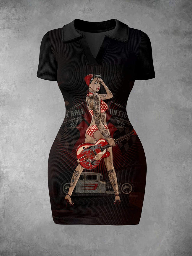 Women's Vintage Retro Art Illustration Print Ribbed Bodycon Mini Dress