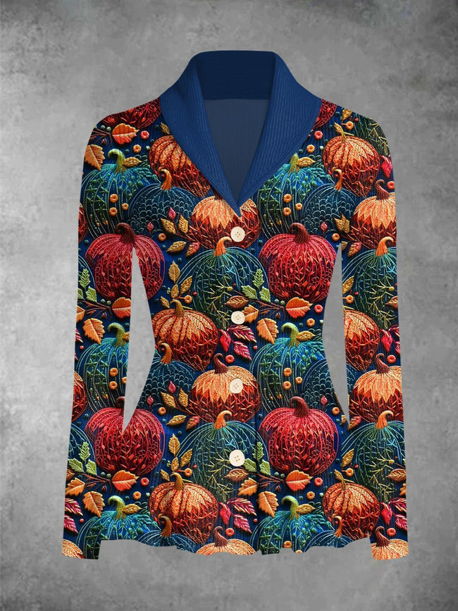 Vintage Pumpkin Embroidery Print Cardigan Sweater Outwear Coat