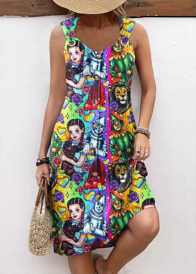 Vintage Halloween Oz Print Sleeveless V Neck Dress