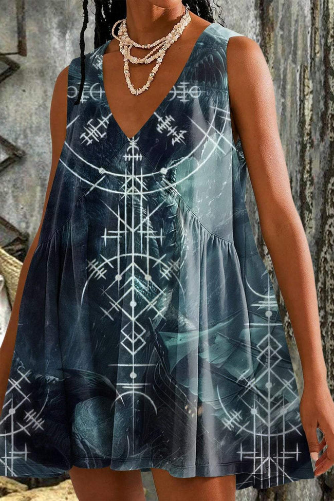 Women's Retro Tribal Viking Totem Print Mini Dress Sundress with Pockets