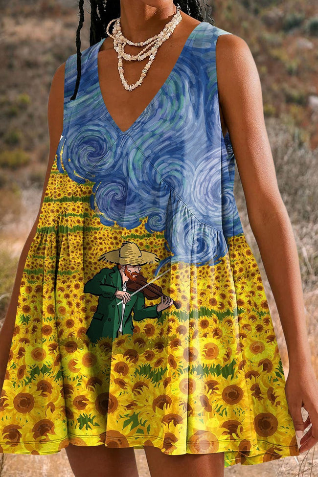Women's Vintage Vincent Van Gogh And Sunflowers Print Mini Dress Sundress with Pockets
