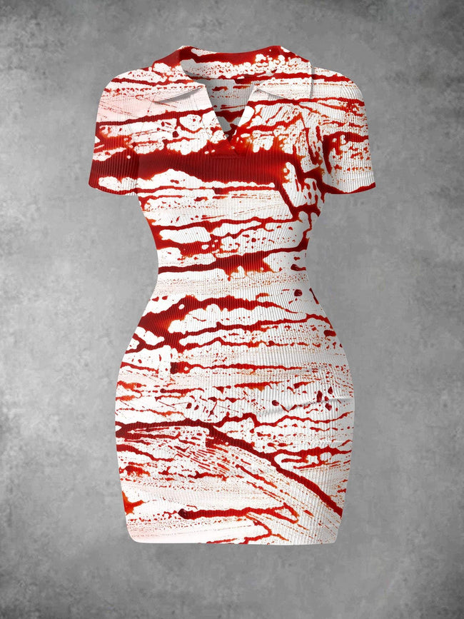 Women's Vintage Halloween Blood Print Ribbed Bodycon Mini Dress