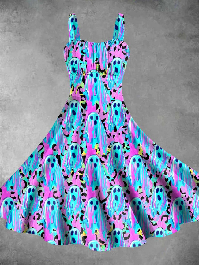 Vintage Leopard Ghost Halloween Print Backless Dress