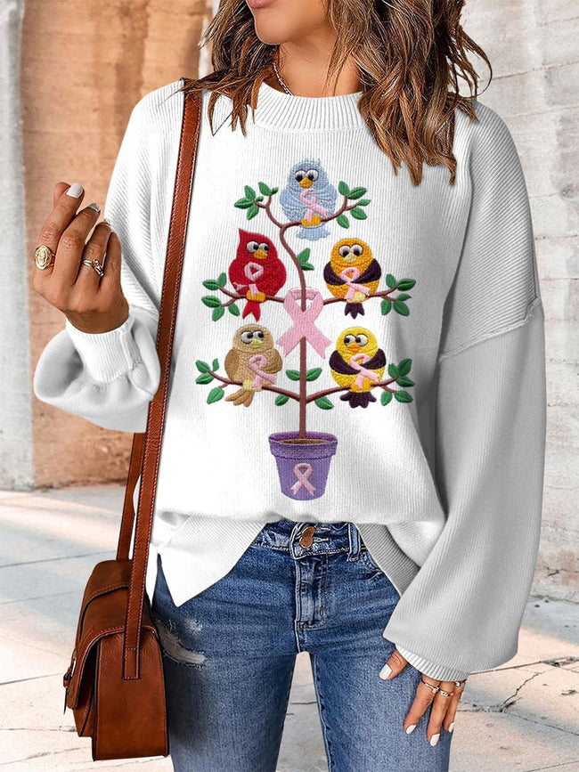 Embroidered Breast Cancer Print Casual Knit Pullover Sweater