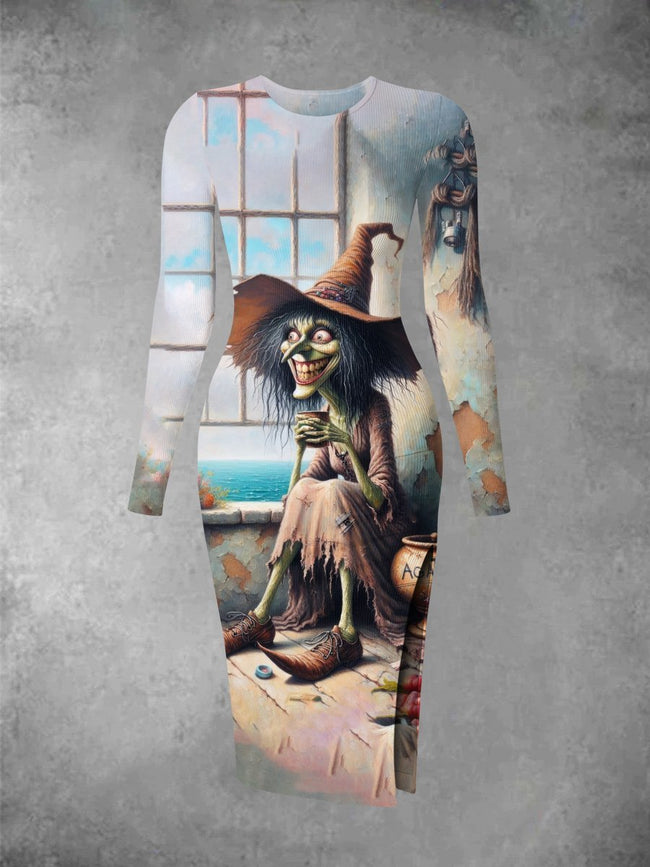 Women's Vintage Witch Halloween Print Long Sleeve Crew Neck Midi Dress