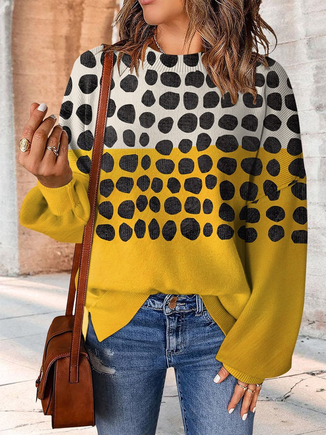 Colorful Yellow and White Abstract Art Print Casual Knit Pullover Sweater