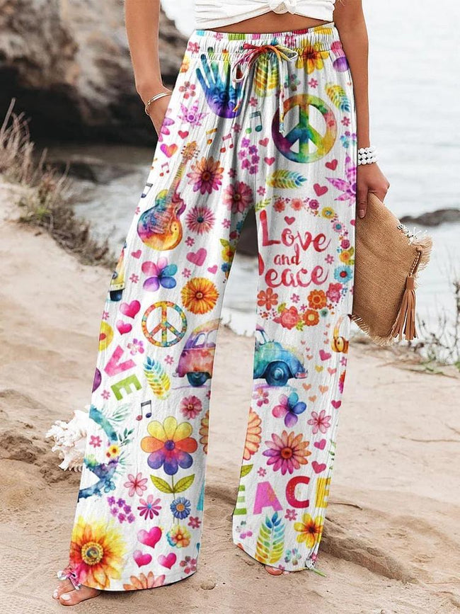 Women's Retro Hippie Peace Floral Art Printed Casual Pants