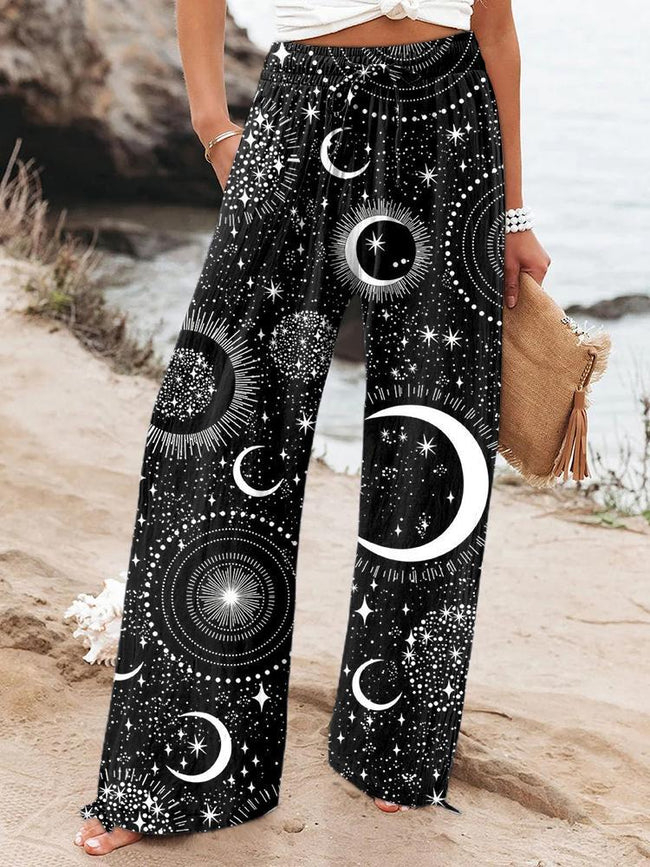 Women's Retro Moons and Stars Printed Cotton And Linen Casual Pants