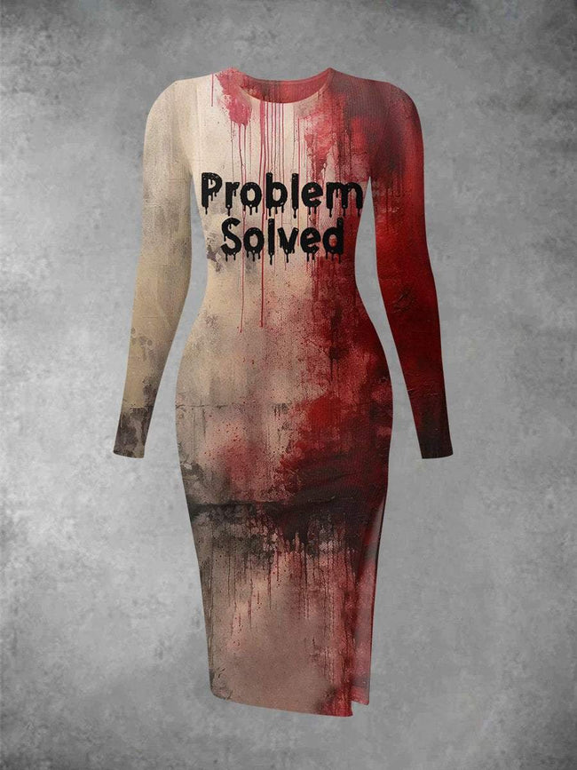 Women's Problem Solved Blood Print Long Sleeve Crew Neck Midi Dress