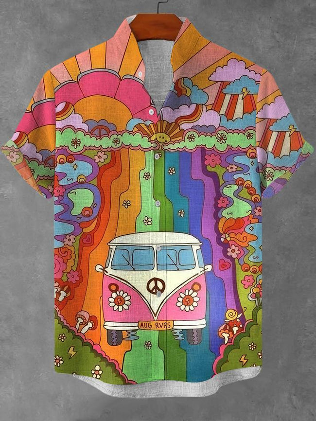 Colorful Hippie Art Print Linen Blend Shirt