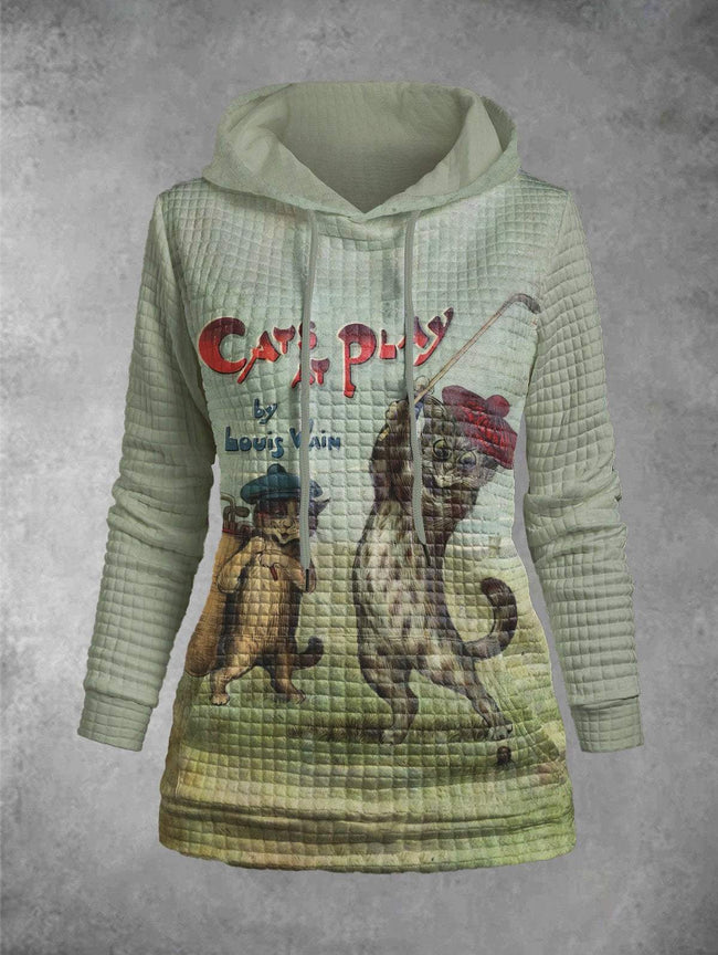 Cat Playing Golf Print Graphic Plaid Embossed Hoodie Pocket Hoodie