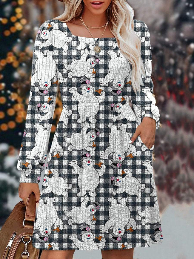 Vintage Cute Cartoon Print Knit Sweater Dress with Pockets