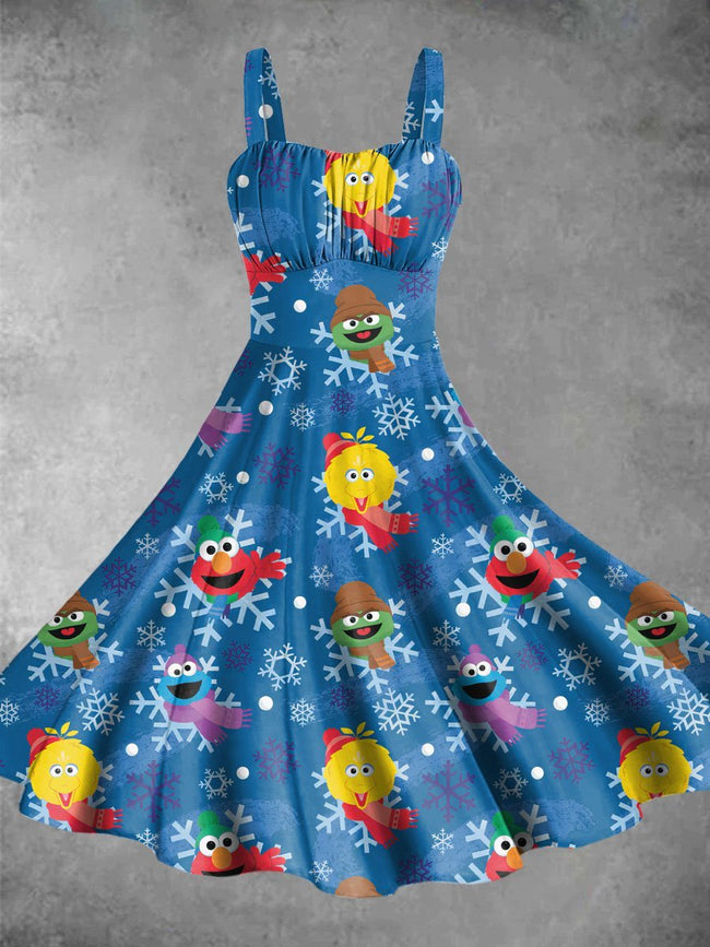 Vintage Christmas Cute Cartoon Print Backless Dress