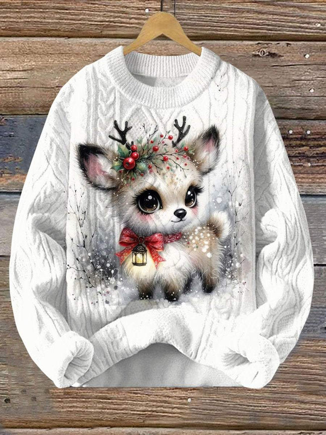 Vintage Cute Little Christmas Deer Print Knitted Woven Crewneck Pullover