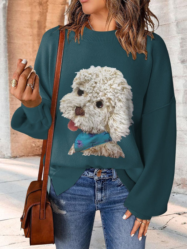 Cute Puppy Print Casual Knit Pullover Sweater