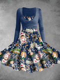 Women's Vintage Christmas Boy and Girl Print Two-Piece Dress