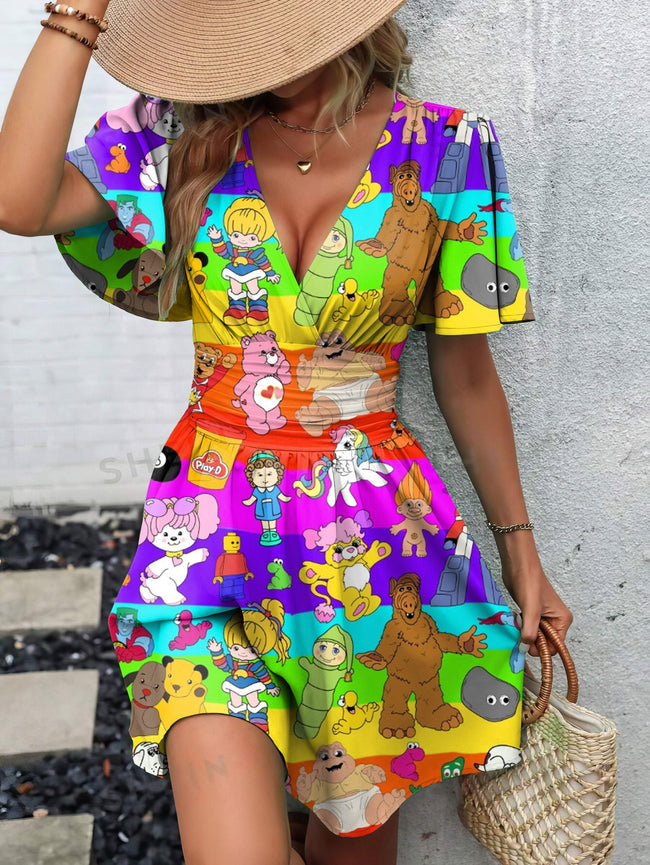 Vintage Cartoon Print Butterfly Sleeve V-Neck Waist Dress