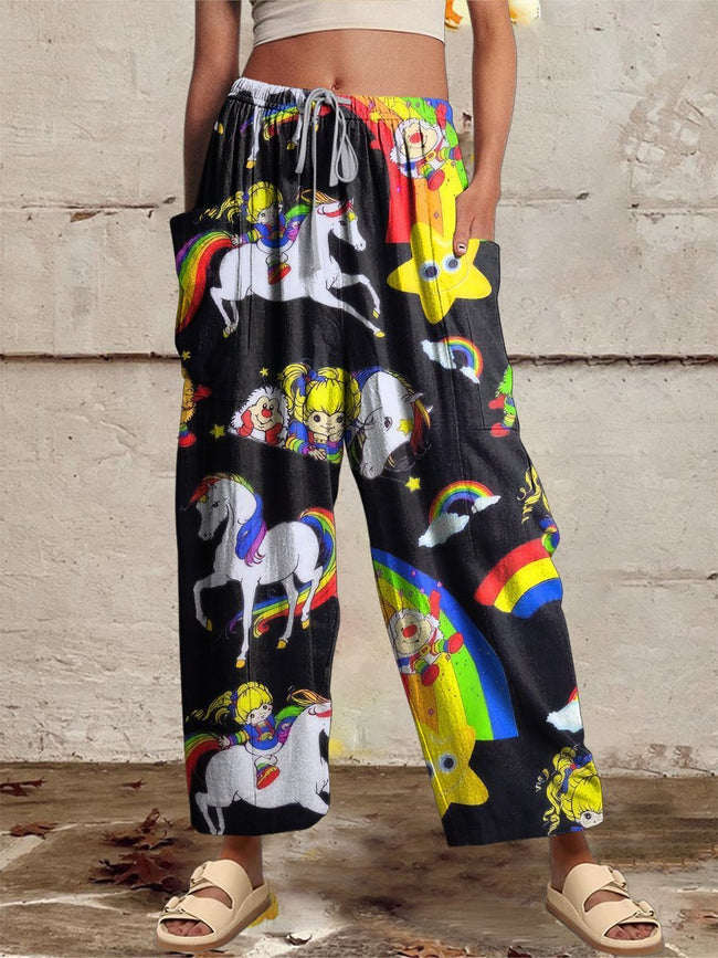 Women‘s Casual 1980s Cartoon Printed Wide Harem Leg Pants