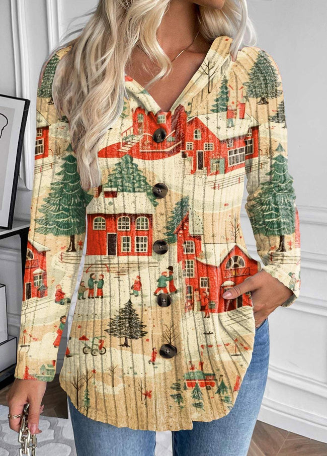 Vintage Christmas House Print Button Long Sleeve Hooded Coat