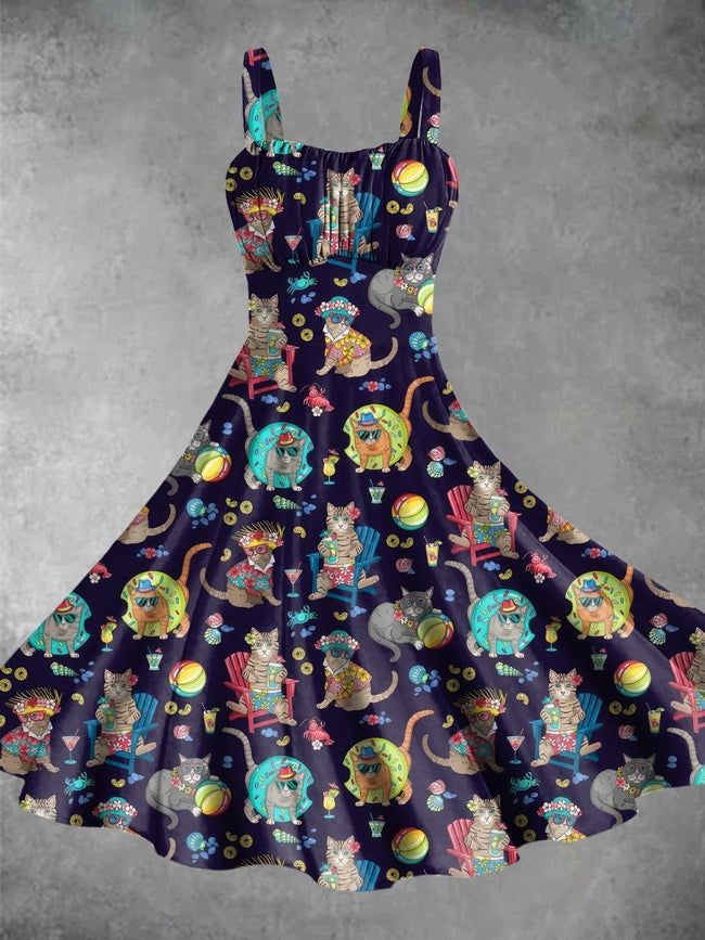 Vintage Holiday Cats Print Backless Dress