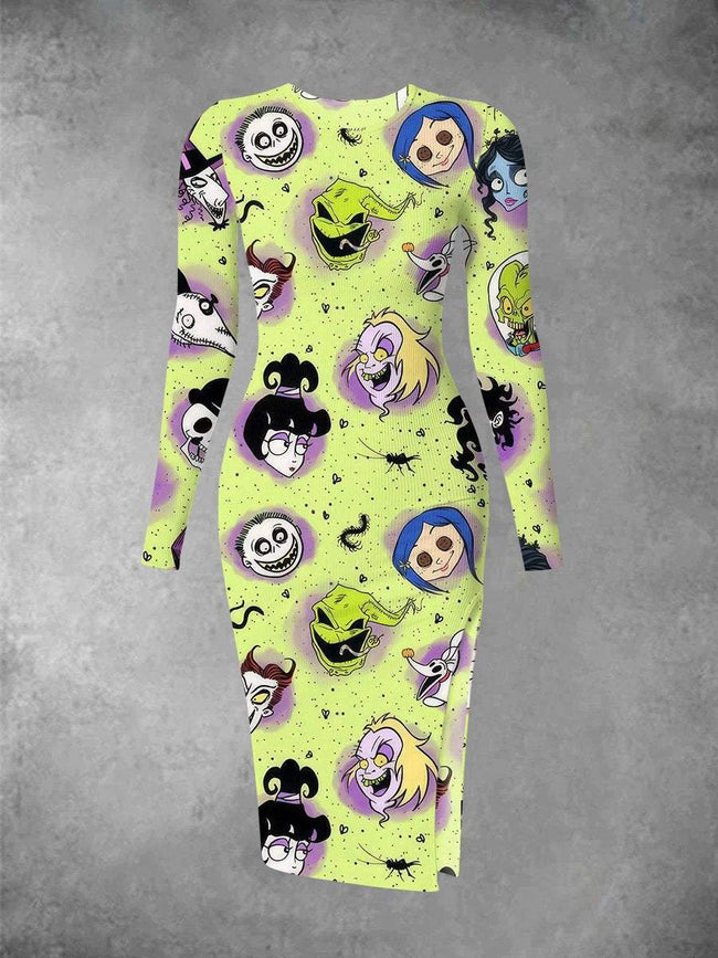 Women's Vintage Halloween Nightmare Print Long Sleeve Crew Neck Midi Dress