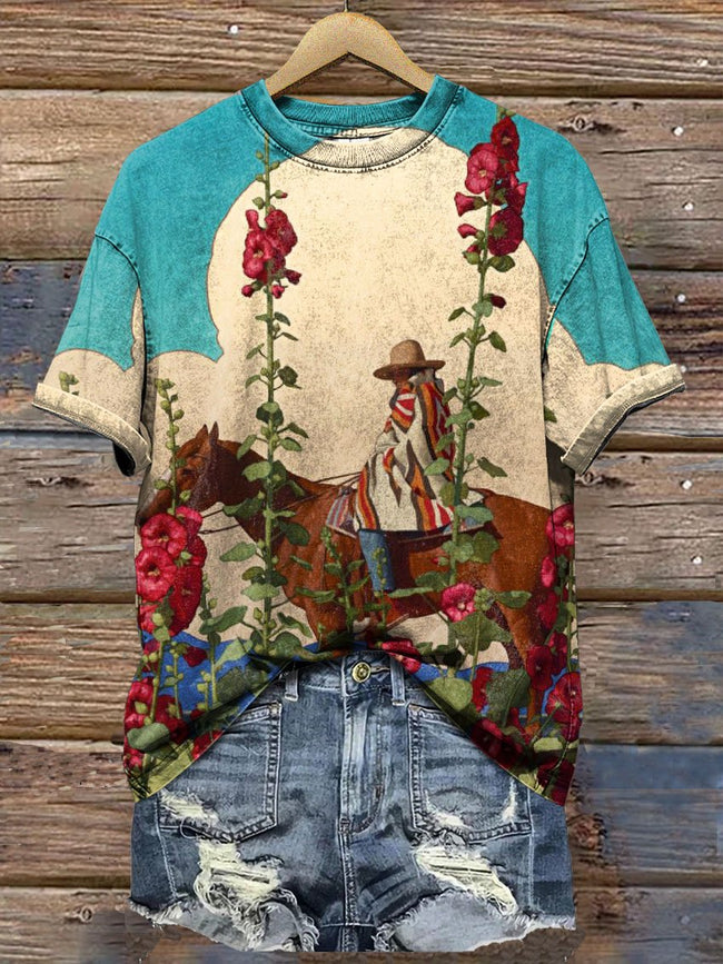 Vintage Western Cowboy Floral Art Print T-shirt