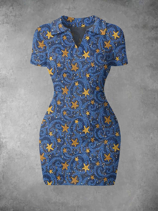 Women's Vintage Star Print Ribbed Bodycon Mini Dress