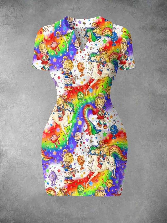 Women's Vintage 1980s Rainbow Girl Print Ribbed Bodycon Mini Dress