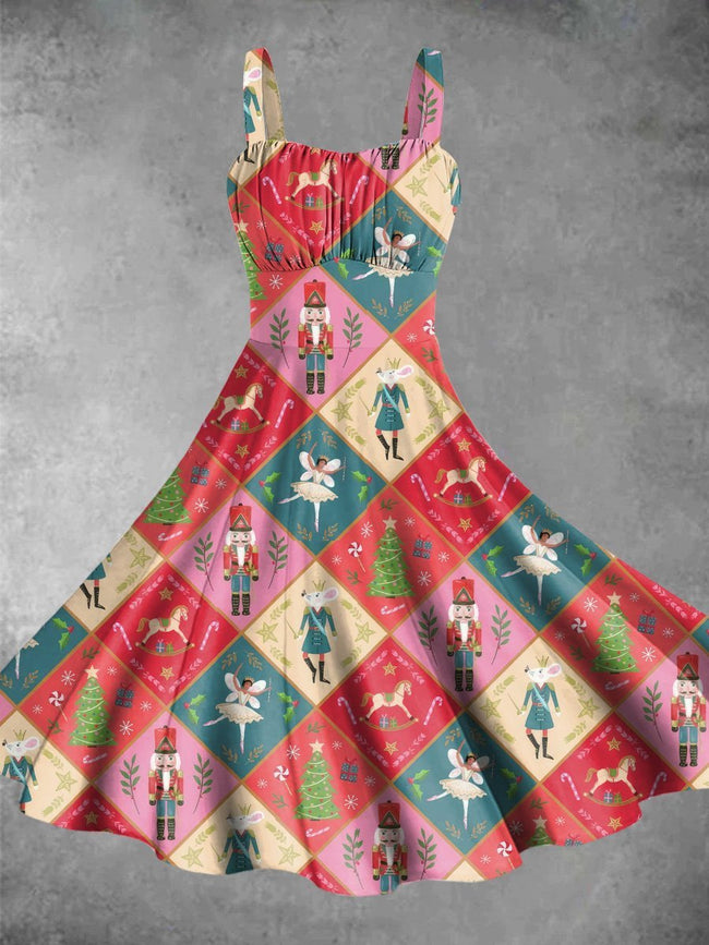 Vintage Christmas Cartoon Print Backless Dress