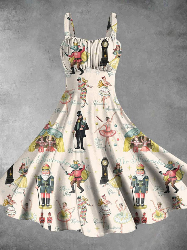 Vintage Christmas Nutcracker Print Backless Dress