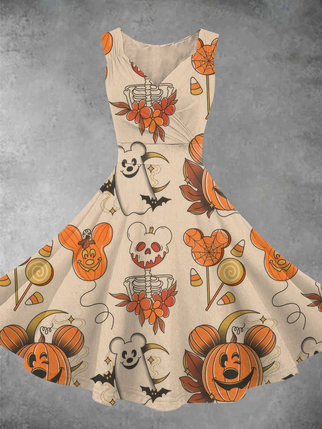 Vintage Cucurbit Halloween Print Sleeveless Wrap V-Neck A-line Dress