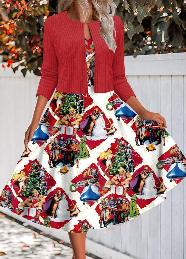 Vintage Christmas Carnival Print Two Piece Dress and Cardigan