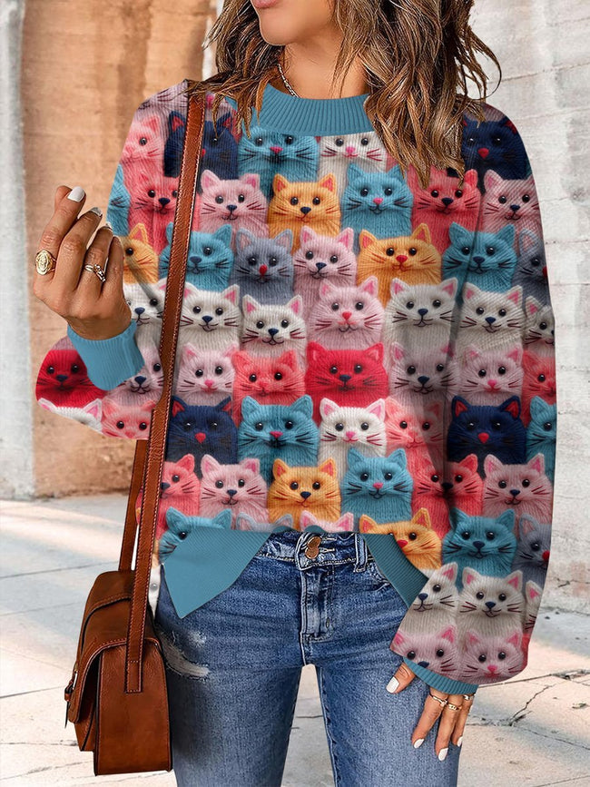 Colorful Cute Cat Embroidery Print Casual Knit Pullover Sweater