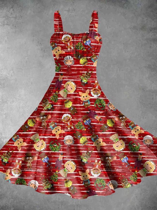 Vintage Christmas Print Backless Dress