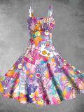 Vintage 1980s Colorful Bear Print Backless Dress