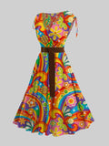 Cinched Shoulder Surplice Plunge Belted Sleeveless Colorful Hippie Print Midi Dress