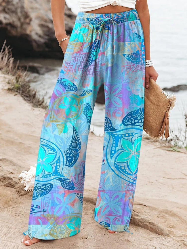 Women's Colorful Sea Turtle Printed Cotton And Linen Casual Pants