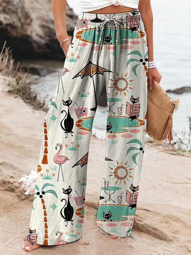 Women's Retro Vacation Hawaii Black Cat Art Printed Cotton And Linen Casual Pants