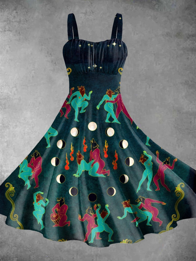 Vintage Moon Dance Print Backless Dress