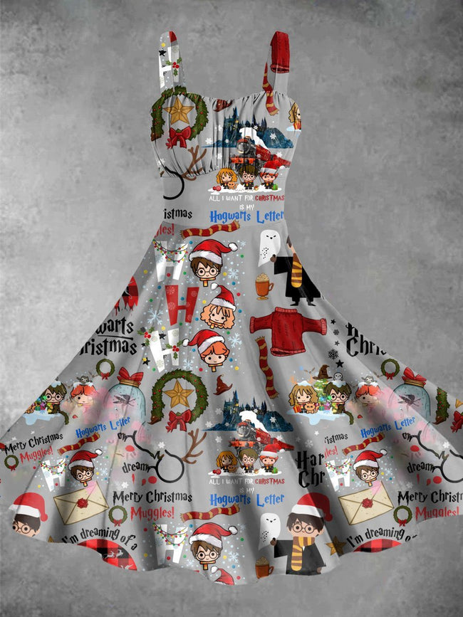 Vintage Christmas Magic Academy Print Backless Dress