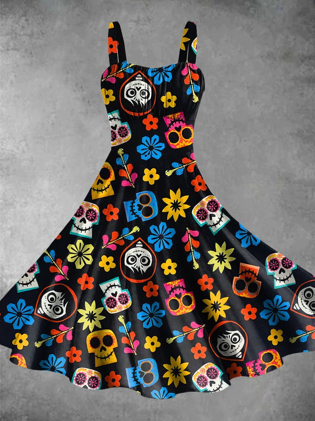 Vintage Day of the Dead Print Backless Dress