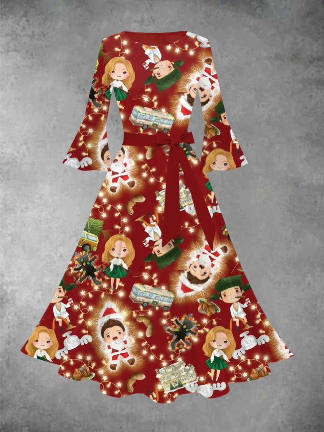 Women's Vintage Christmas Boy and Girl Print Cocktail Sleeve Midi Evening Dress