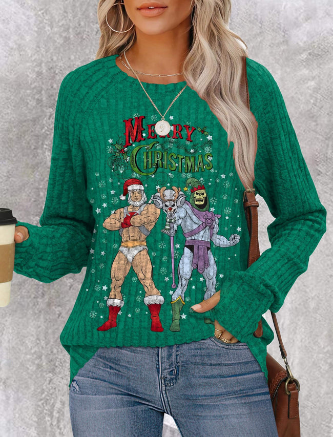 Vintage Christmas Character Print Lightweight Fall Shirt with Thumb Holes