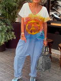 Women's Peace On Earth Peace Symbol Hippie Art Print Casual 100% Cotton Wide Leg Jumpsuit