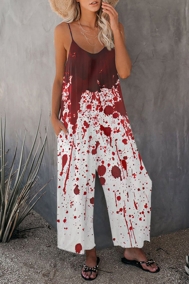 Vintage Halloween Blood Print Wide leg Jumpsuit with Pockets