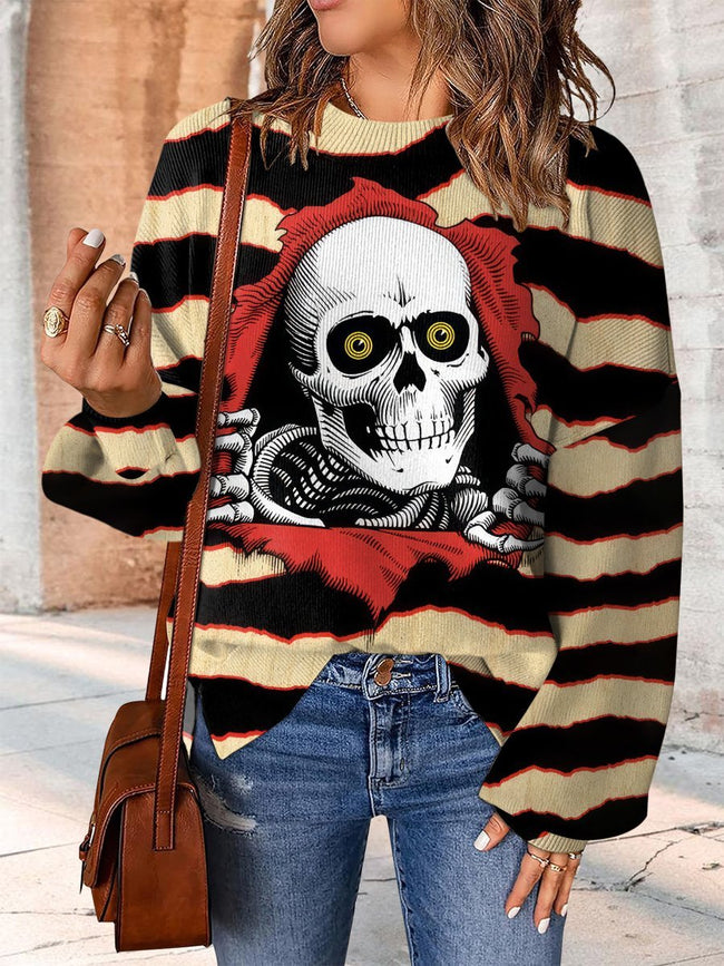 Colorful Skull Probe Halloween Print Casual Knit Pullover Sweater