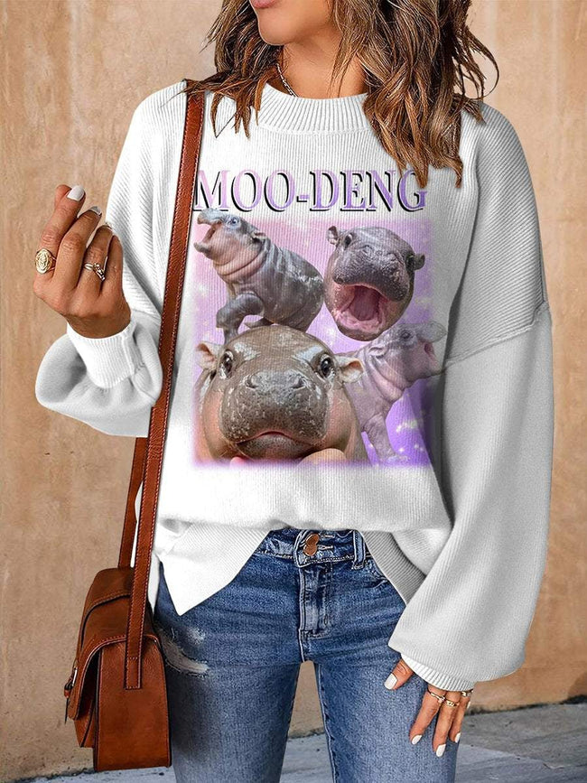 Moo-Deng Pygmy Hippo Print Casual Knit Pullover Sweater