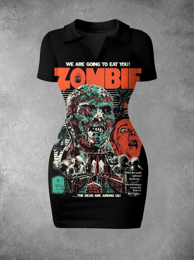 Women's Vintage Zombie Halloween Print Ribbed Bodycon Mini Dress