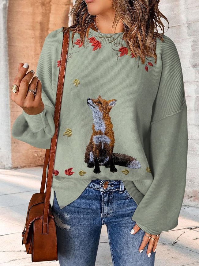 Colorful Cute Embroidery Fox Print Casual Knit Pullover Sweater